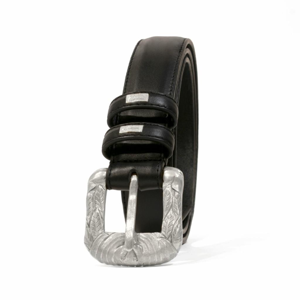 Black leather belt with ornate sterling silver acanthus buckle, product photograph.